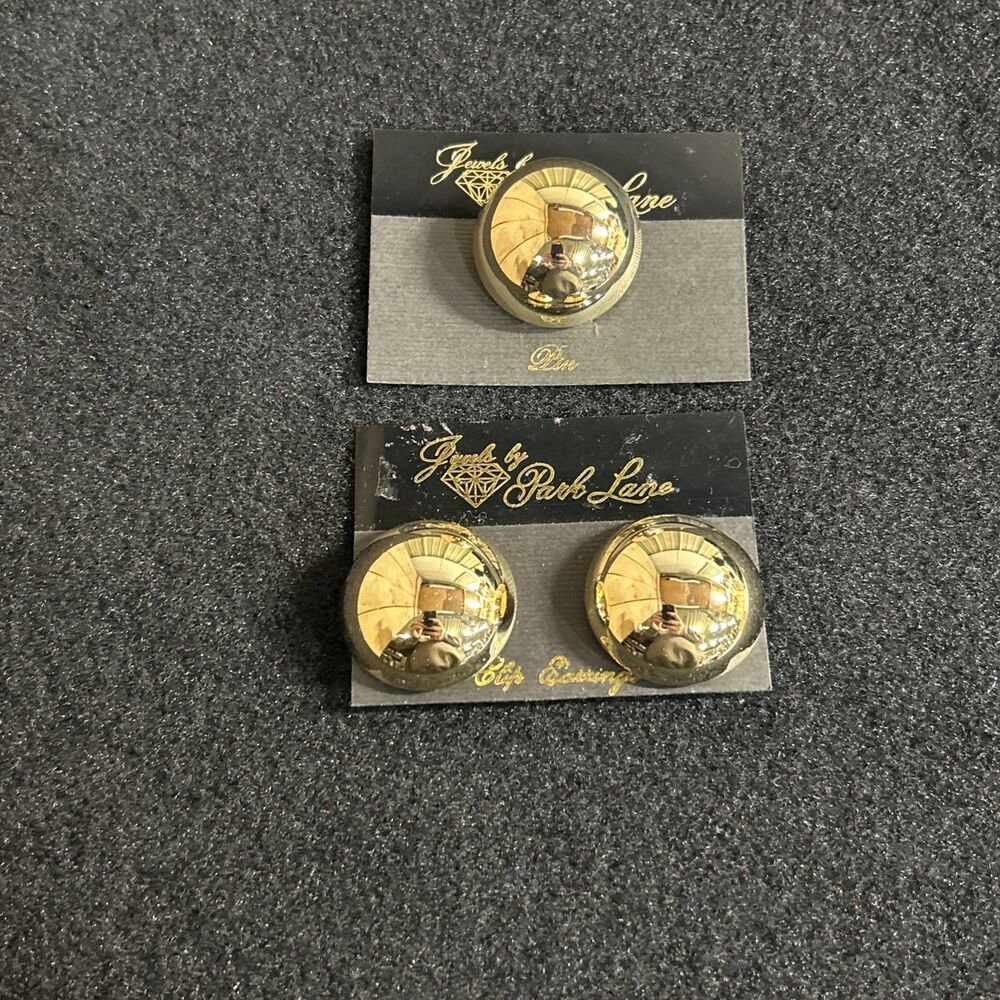 Vintage 1990's Park Lane Round Gold Tone Clip On Earrings And Scarf Clip J202